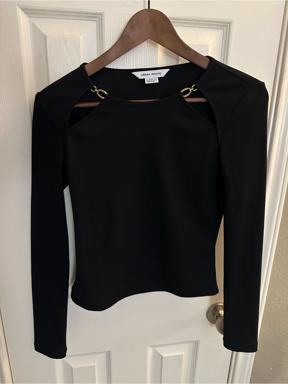 Urban Revivo Black Long-Sleeve Cutout Top with Gold Ring Detail